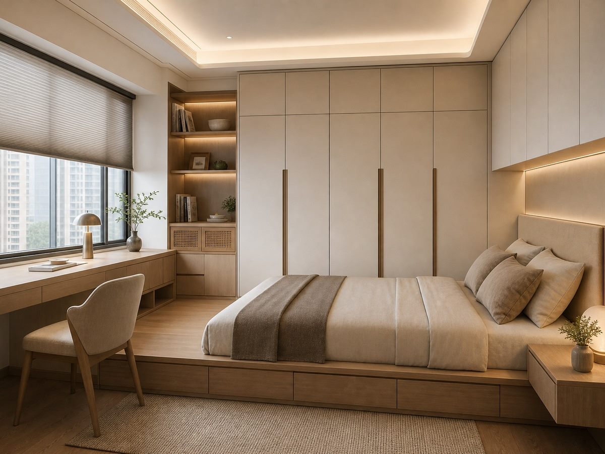FameHouse 香港全屋定制案例:睡房地台床與到頂衣櫃